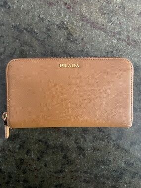 Prada Saffiano Zip Wallet in Cognac Brown with Gold Logo as is
